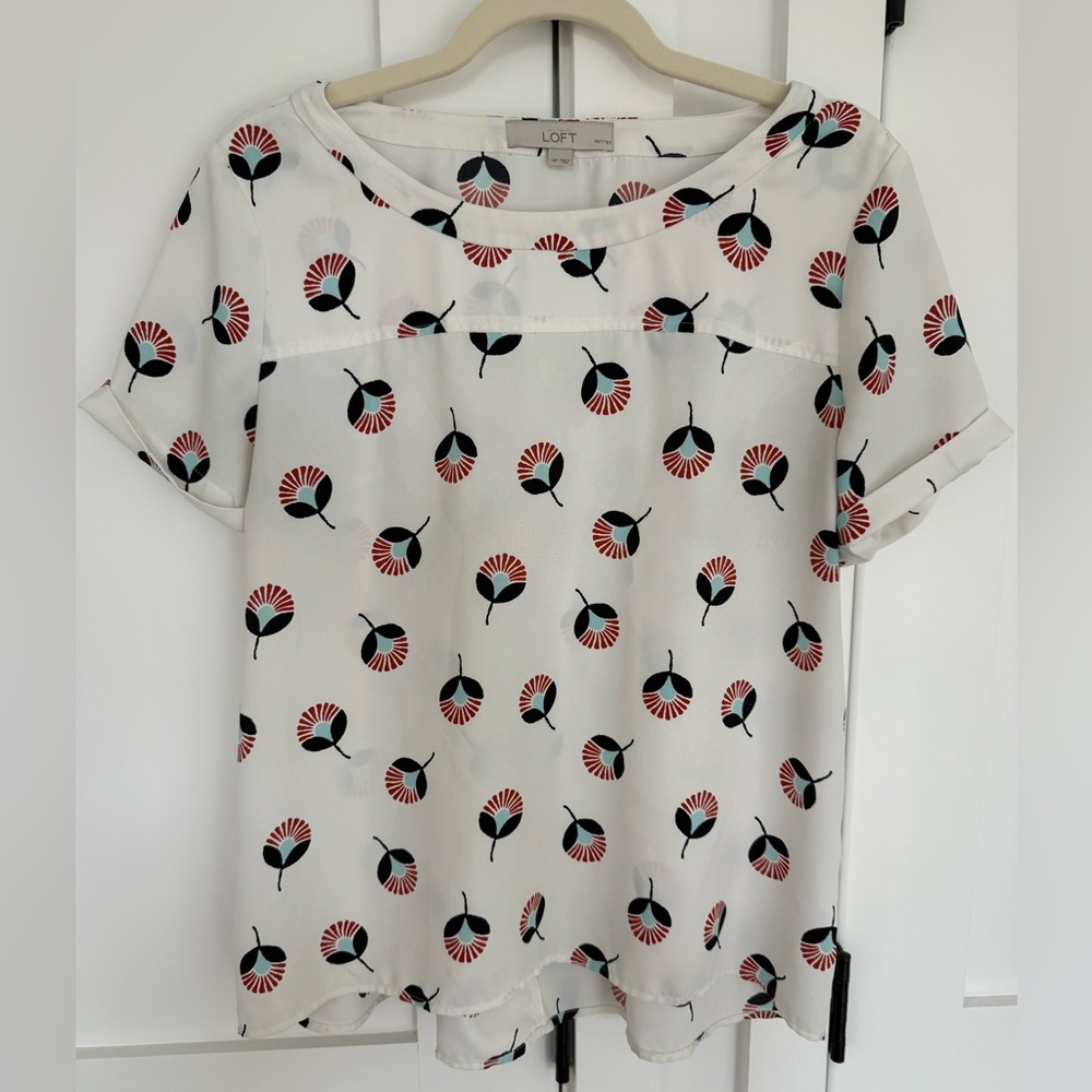 LOFT White Top with Red and Black Floral Design